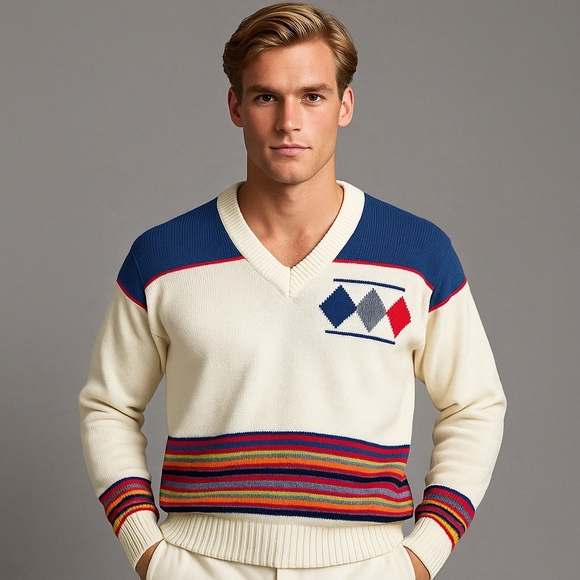 Vintage Jantzen M White Rainbow Stripe Argyle V Neck Sweater 80s Preppy Ski Knit - Picture 1 of 6